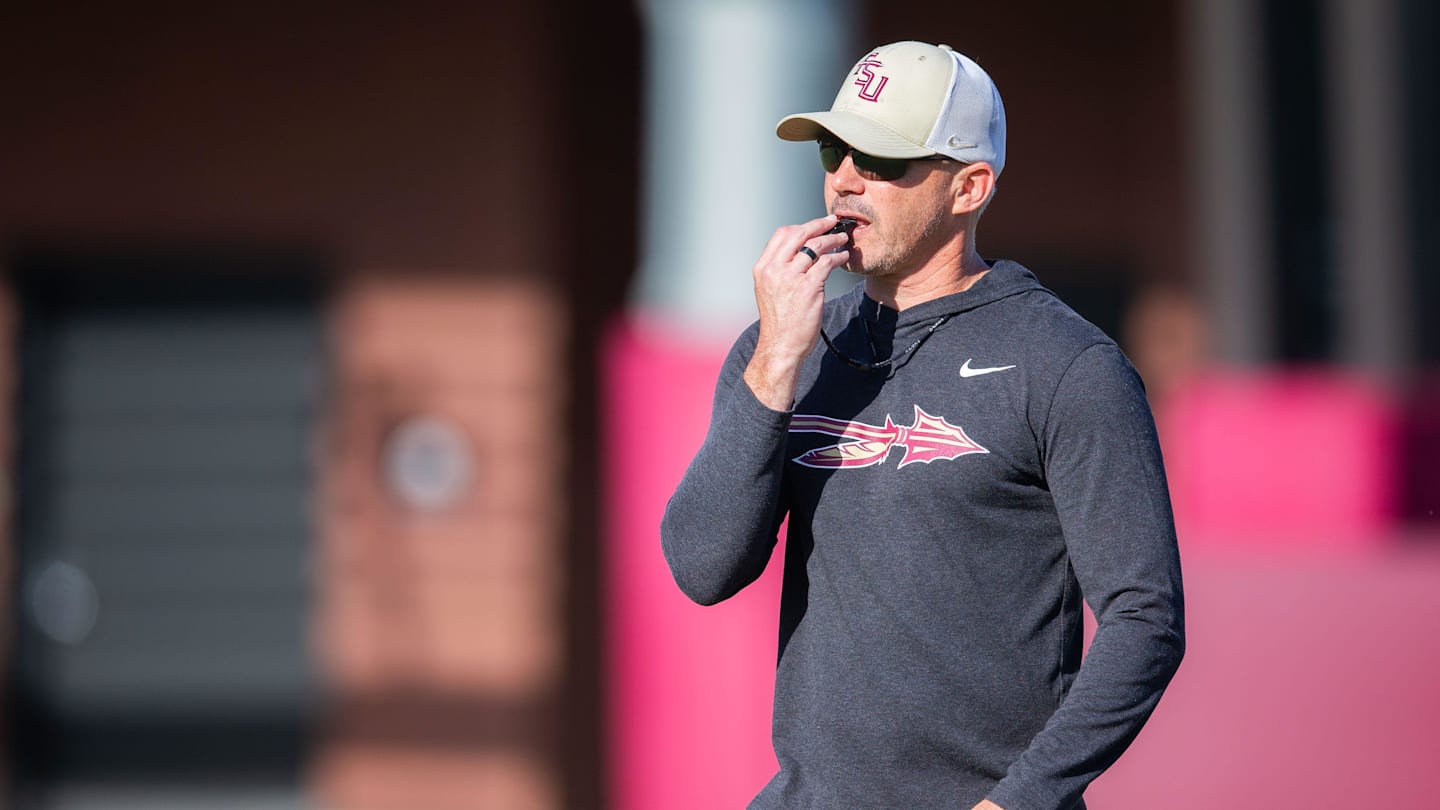 Florida State head coach Mike Norvell leads practice Thursday, April 9, 2026.
