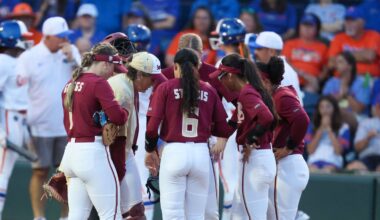 Florida State has a mound conference during a NCAA softball game at Katie Seashole Pressly Stadium in Gainesville, FL on Tuesday, April 28, 2026. [Alan Youngblood/Gainesville Sun]