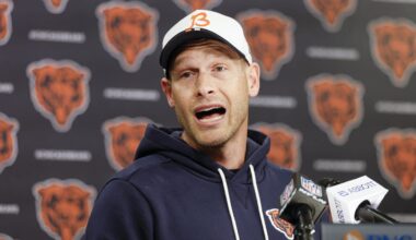 May 8, 2026; Lake Forest, IL, USA; Chicago Bears head coach Ben Johnson addresses the media at Halas Hall before Rookie Minicamp. Mandatory Credit: Kamil Krzaczynski-Imagn Images