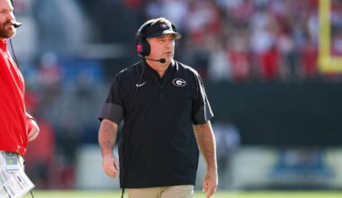 Nov 1, 2025; Jacksonville, Florida, USA; Georgia Bulldogs head coach Kirby Smart looks on during the first quarter against the Florida Gators at EverBank Stadium. Mandatory Credit: Matt Pendleton-Imagn Images
