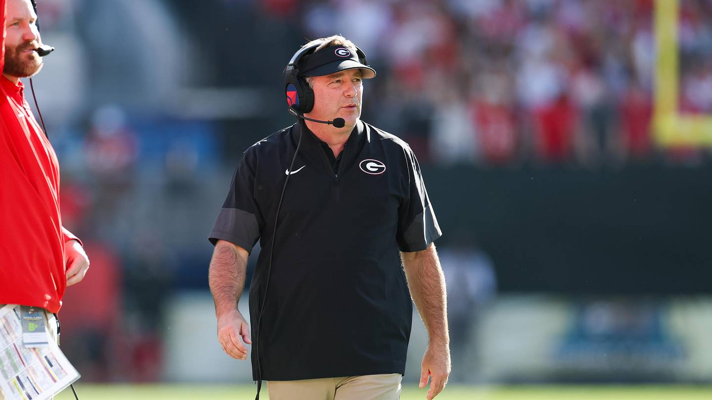 Nov 1, 2025; Jacksonville, Florida, USA; Georgia Bulldogs head coach Kirby Smart looks on during the first quarter against the Florida Gators at EverBank Stadium. Mandatory Credit: Matt Pendleton-Imagn Images