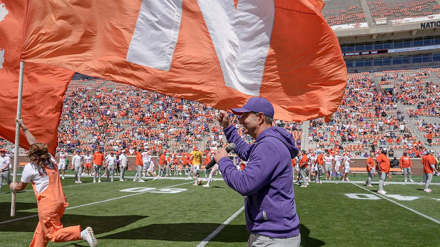 Clemson head coach Dabo Swinney before the annnual Clemson Orange and White spring game at Memorial Stadium in Clemson, South Carolina Saturday, March 28, 2026.
