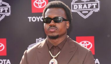 Apr 23, 2026; Pittsburgh, PA, USA; Miami Hurricanes defensive end Rueben Bain Jr. poses on the red carpet before the 2026 NFL Draft at Point State Park. Mandatory Credit: Kirby Lee-Imagn Images