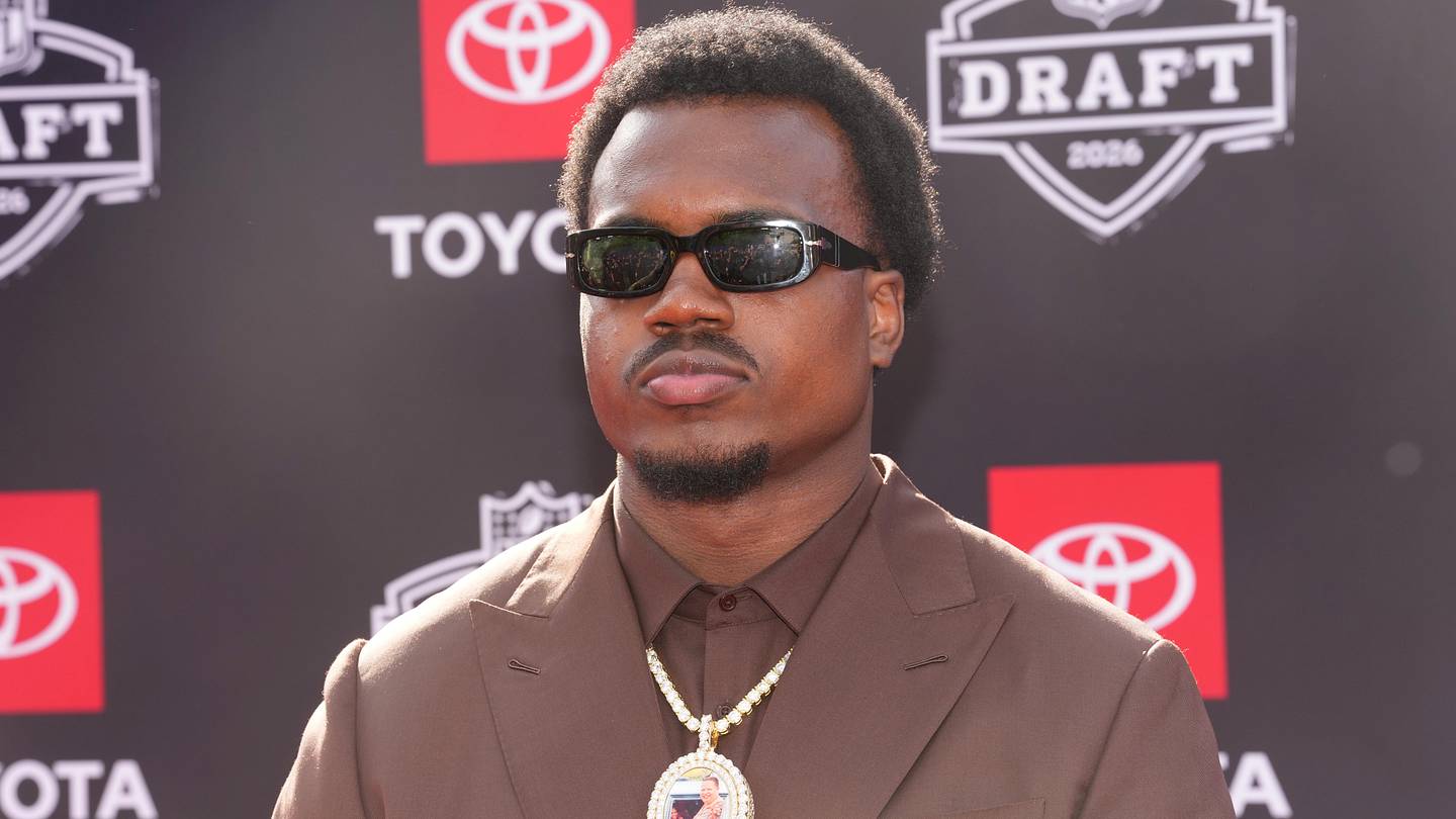 Apr 23, 2026; Pittsburgh, PA, USA; Miami Hurricanes defensive end Rueben Bain Jr. poses on the red carpet before the 2026 NFL Draft at Point State Park. Mandatory Credit: Kirby Lee-Imagn Images