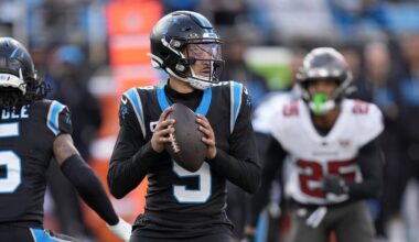 Dec 21, 2025; Charlotte, North Carolina, USA; Carolina Panthers quarterback Bryce Young (9) drops to throw during the second half against the Tampa Bay Buccaneers at Bank of America Stadium. Mandatory Credit: Jim Dedmon-Imagn Images