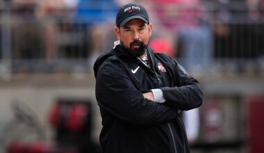 Ohio State Buckeyes head coach Ryan Day watches his players in the first half of the Ohio State football spring game at Ohio Stadium on Saturday, April 18, 2026 in Columbus, Ohio.