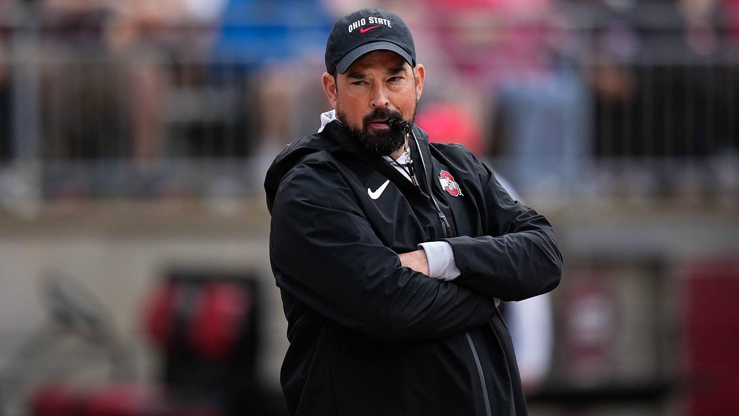 Ohio State Buckeyes head coach Ryan Day watches his players in the first half of the Ohio State football spring game at Ohio Stadium on Saturday, April 18, 2026 in Columbus, Ohio.