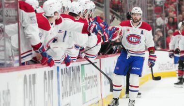May 23, 2026; Raleigh, North Carolina, USA; Montréal Canadiens right wing Josh Anderson (17) celebrates after scoring a goal during the first period against the Carolina Hurricanes in game two of the Eastern Conferene Final of the 2026 Stanley Cup Playoffs at Lenovo Center. Mandatory Credit: James Guillory-Imagn Images