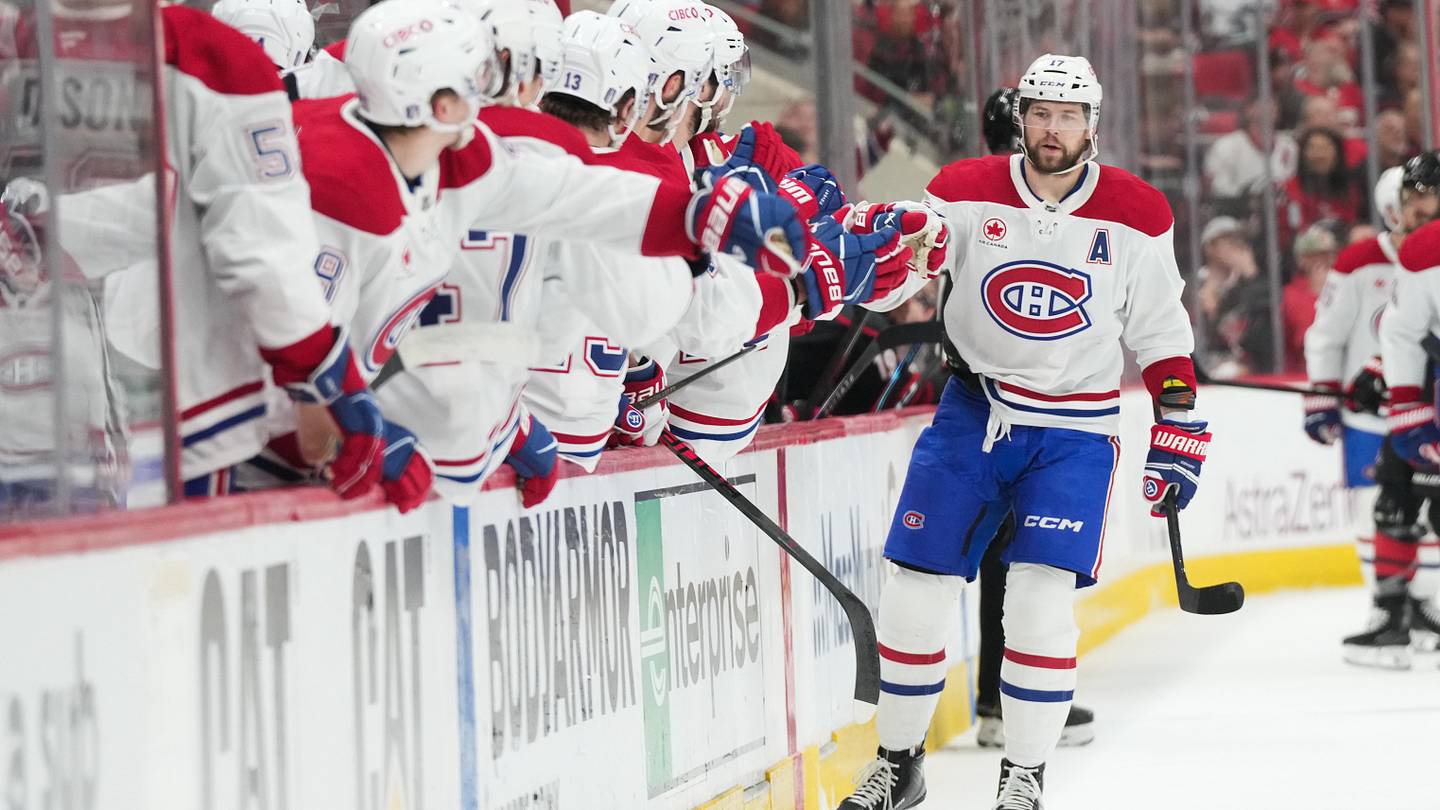 May 23, 2026; Raleigh, North Carolina, USA; Montréal Canadiens right wing Josh Anderson (17) celebrates after scoring a goal during the first period against the Carolina Hurricanes in game two of the Eastern Conferene Final of the 2026 Stanley Cup Playoffs at Lenovo Center. Mandatory Credit: James Guillory-Imagn Images