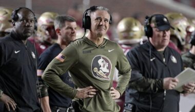 Nov 15, 2025; Tallahassee, Florida, USA; Florida State Seminoles head coach Mike Norvell during the second half against the Virginia Tech Hokies at Doak S. Campbell Stadium. Mandatory Credit: Melina Myers-Imagn Images