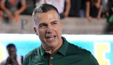 Oct 5, 2024; Berkeley, California, USA; Miami Hurricanes head coach Mario Cristobal after defeating the California Golden Bears at California Memorial Stadium. Mandatory Credit: Darren Yamashita-Imagn Images