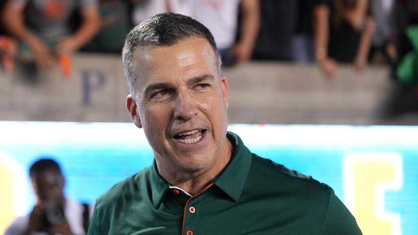 Oct 5, 2024; Berkeley, California, USA; Miami Hurricanes head coach Mario Cristobal after defeating the California Golden Bears at California Memorial Stadium. Mandatory Credit: Darren Yamashita-Imagn Images