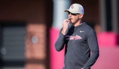 Florida State head coach Mike Norvell leads practice Thursday, April 9, 2026.