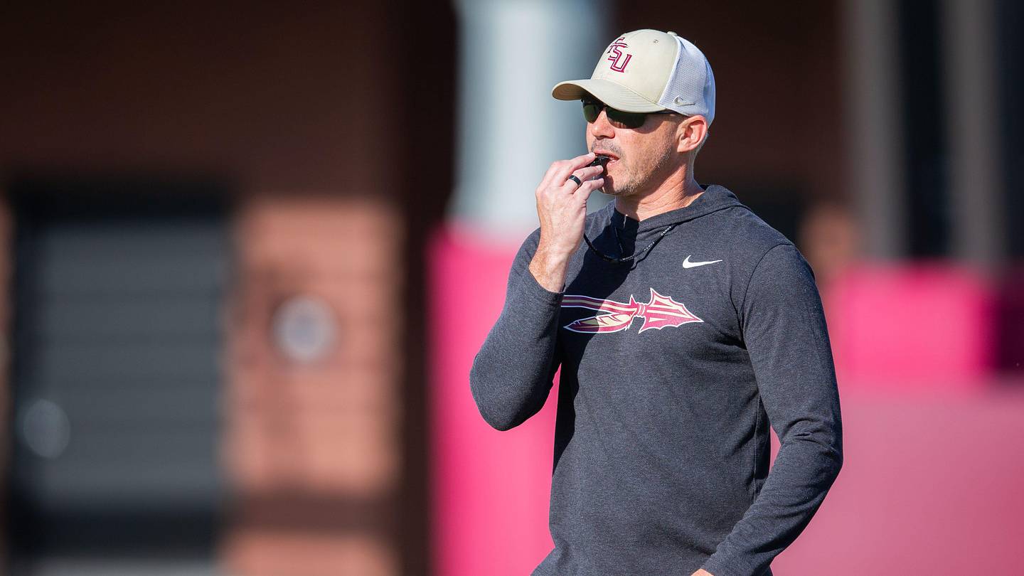 Florida State head coach Mike Norvell leads practice Thursday, April 9, 2026.