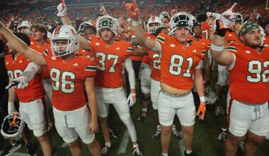 Aug 31, 2025; Miami Gardens, Florida, USA; The Miami Hurricanes react after defeating the Notre Dame Fighting Irish at Hard Rock Stadium. Mandatory Credit: Sam Navarro-Imagn Images