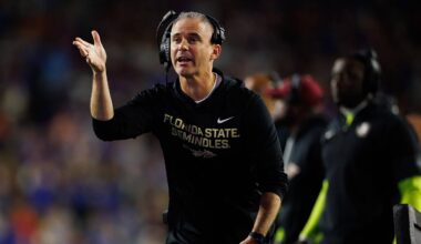 Nov 29, 2025; Gainesville, Florida, USA; Florida State Seminoles head coach Mike Norvell gestures against the Florida Gators during the second half at Ben Hill Griffin Stadium. Mandatory Credit: Matt Pendleton-Imagn Images