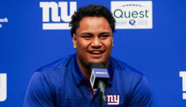 Apr 24, 2026; East Rutherford, NJ, USA; New York Giants draft pick Francis Mauigoa addresses the media during the introductory press conference at Quest Diagnostics Training Center. Mandatory Credit: Tom Horak-Imagn Images