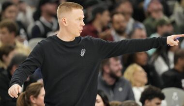 Dec 2, 2025; San Antonio, Texas, USA; San Antonio Spurs assistant head coach Sean Sweeney signals to players during the second half against the Memphis Grizzlies at Frost Bank Center. Mandatory Credit: Scott Wachter-Imagn Images