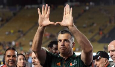 Oct 5, 2024; Berkeley, California, USA; Miami Hurricanes head coach Mario Cristobal gestures after defeating the California Golden Bears at California Memorial Stadium. Mandatory Credit: Darren Yamashita-Imagn Images