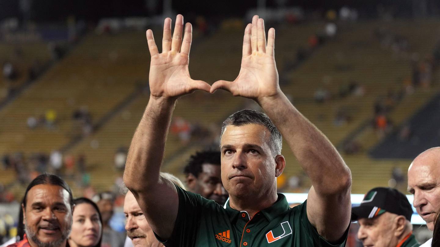 Oct 5, 2024; Berkeley, California, USA; Miami Hurricanes head coach Mario Cristobal gestures after defeating the California Golden Bears at California Memorial Stadium. Mandatory Credit: Darren Yamashita-Imagn Images