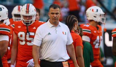 Sep 7, 2024; Miami Gardens, Florida, USA; Miami Hurricanes head coach Mario Cristobal walks on the field before the game against the Florida A&M Rattlers at Hard Rock Stadium. Mandatory Credit: Sam Navarro-Imagn Images