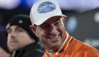 Dec 7, 2024; Charlotte, NC, USA; Clemson Tigers head coach Dabo Swinney celebrates after winning the 2024 ACC Championship game against the Southern Methodist Mustangs at Bank of America Stadium. Mandatory Credit: Jim Dedmon-Imagn Images