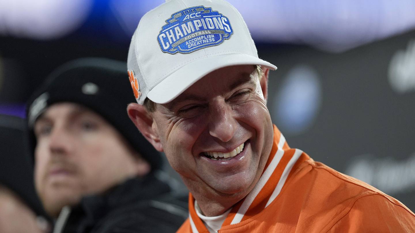 Dec 7, 2024; Charlotte, NC, USA; Clemson Tigers head coach Dabo Swinney celebrates after winning the 2024 ACC Championship game against the Southern Methodist Mustangs at Bank of America Stadium. Mandatory Credit: Jim Dedmon-Imagn Images