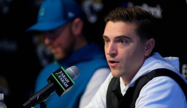 Jacksonville Jaguars general manager James Gladstone speaks during a press conference next to head coach Liam Coen at the Miller Electric Center, Wednesday, Jan. 14, 2026, in Jacksonville, Fla.