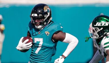 Dec 14, 2025; Jacksonville, Florida, USA;Jacksonville Jaguars wide receiver Brian Thomas Jr. (7) runs after a catch against the New York Jets at EverBank Stadium.