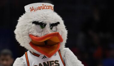 Mar 12, 2026; Charlotte, NC, USA;Miami (FL) Hurricanes mascot Sebastian during the first half against the Louisville Cardinals at Spectrum Center. Mandatory Credit: Jim Dedmon-Imagn Images