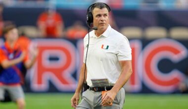 Nov 8, 2025; Miami Gardens, Florida, USA; Miami Hurricanes head coach Mario Cristobal looks at the scoreboard in a game against the Syracuse Orange during the second quarter at Hard Rock Stadium. Mandatory Credit: Jeff Romance-Imagn Images