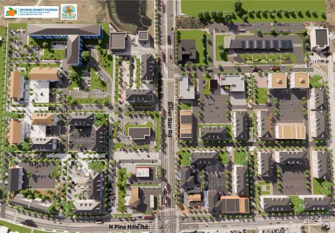 Rendering shared by the Pine Hills Neighborhood Improvement District rendering of silver star and n pine hills road intersection
