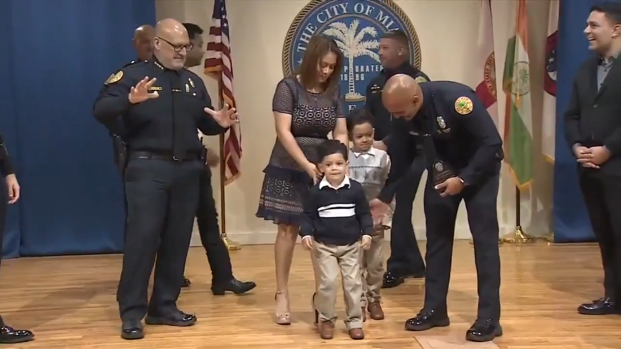 Miami Police officer reunites with 3-year-old boy who suffered severed toe from electric bicycle - WSVN 7News | Miami News, Weather, Sports