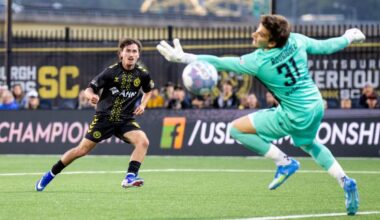 Charles Ahl watches his shot get past Miami FC goalkeeper Felipe Rodriguez in the Pittsburgh Riverhounds' 2-0 win on May 30, 2026 at F.N.B. Stadium in Pittsburgh. (Photo: Chris Cowger/Riverhounds SC)