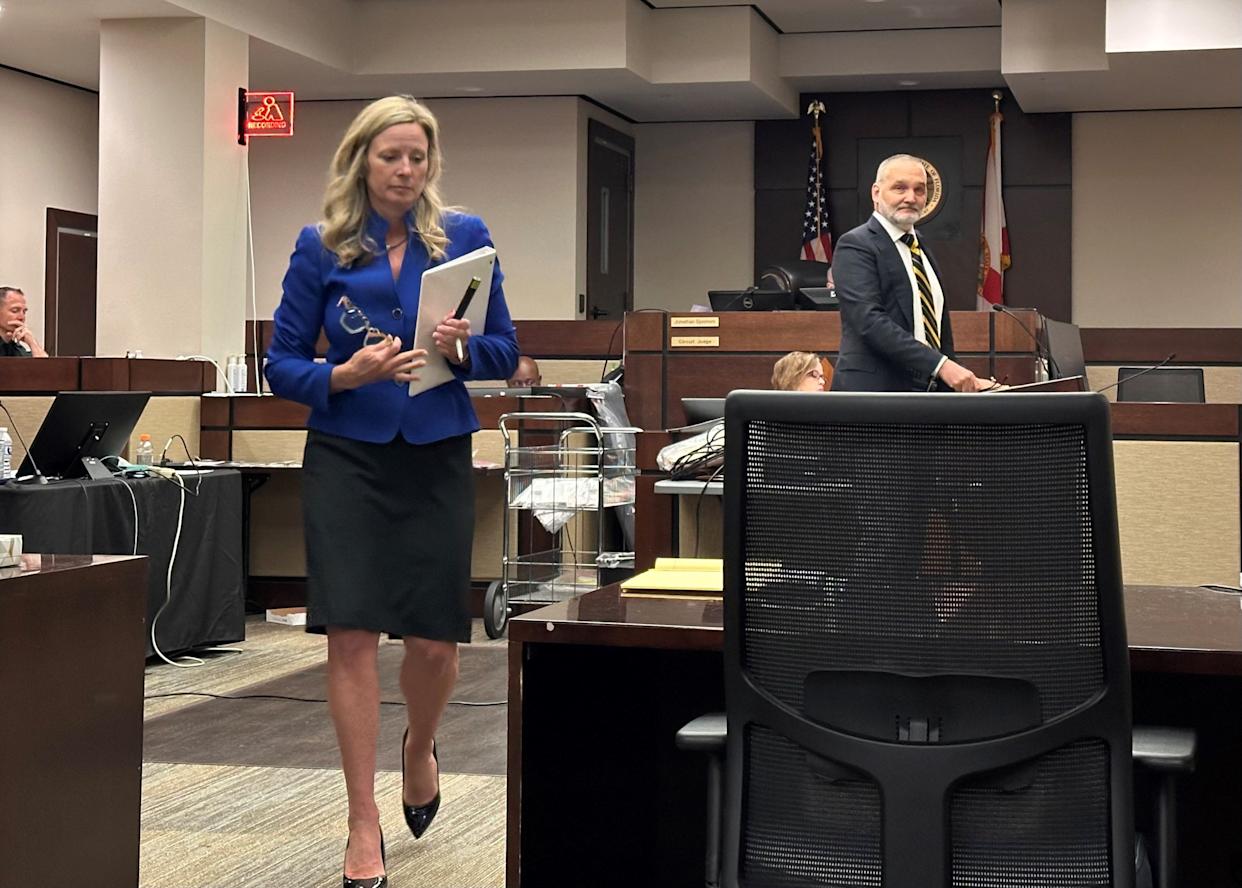 Assistant State Attorney Georgia Cappleman returns to the prosecution table after giving closing arguments May 1, 2026, in the trial of three men charged in a violent 2023 crime spree in which two people, including a Tallahassee police officer, were shot.