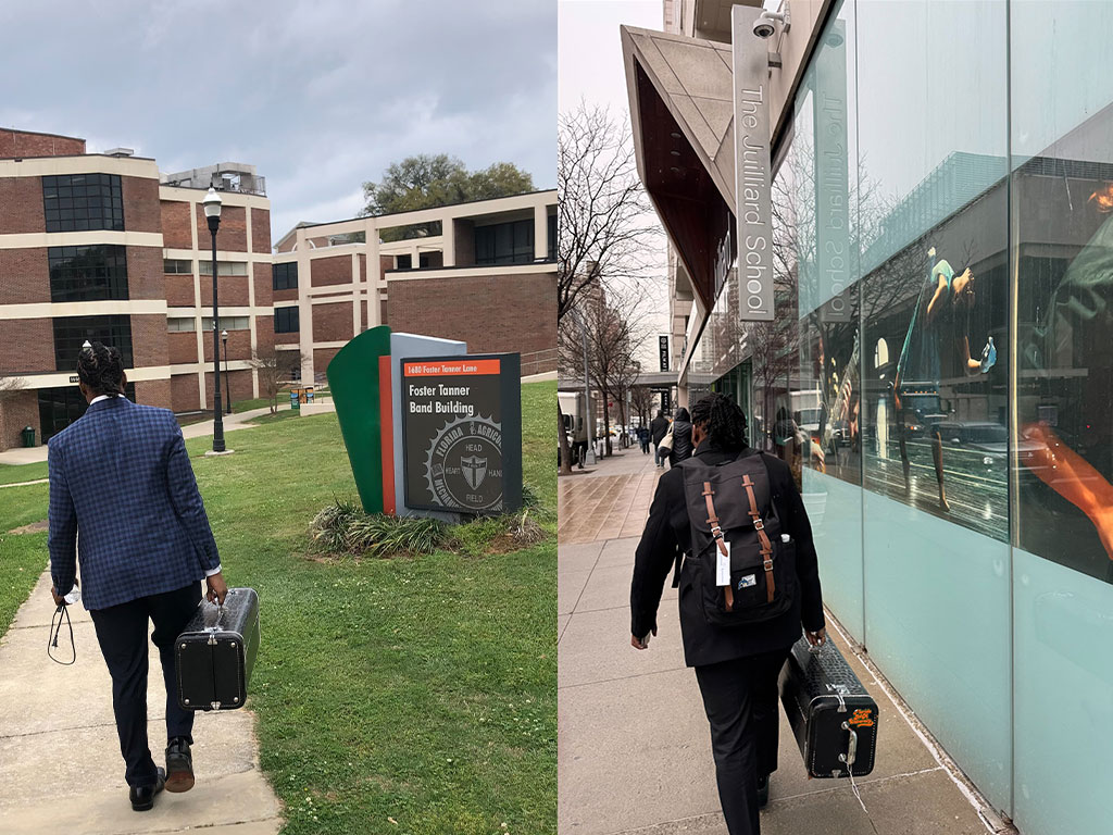 Florida A&M University alumnus Gamaliel Harris walks near Foster Tanner Band Building on FAMU’s campus and outside The Juilliard School in New York. Harris said his journey from Tallahassee to Juilliard reflects years of preparation, mentorship and belief in what was possible. (Photo courtesy: Gamaliel Harris)