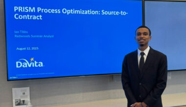 Florida A&M University graduate Ian Tibbs poses at DaVita during his internship experience, a pivotal step in the journey that helped launch his professional career and prepare him for graduate school. (Photo courtesy: Ian Tibbs)