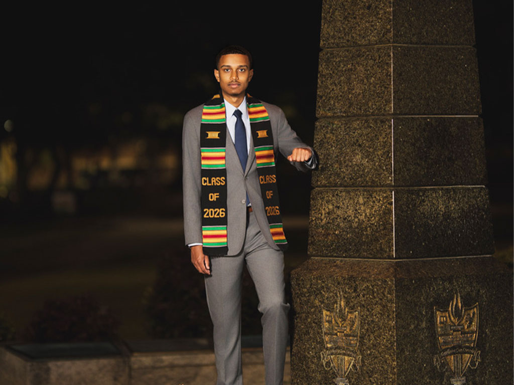 Ian Tibbs, a Florida A&M University healthcare management graduate from Nashville, Tennessee, poses on campus ahead of Spring 2026 commencement. Tibbs will begin a full-time role with DaVita Kidney Care’s clinical strategy and implementation team in Denver while preparing to pursue graduate school. (Photo Courtesy: Ian Tibbs)