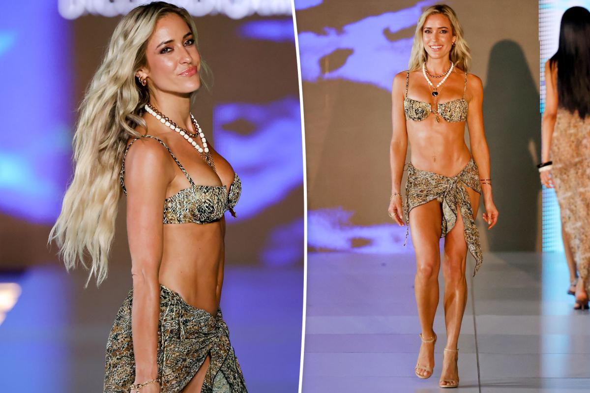 Kristin Cavallari hits the runway in a snakeskin bikini and heels during Miami Swim Week