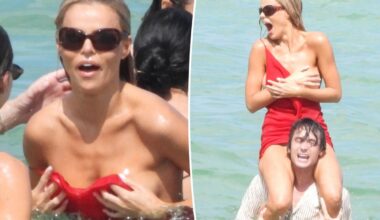 Brooks Nader suffers wardrobe malfunction at Miami Swim Week