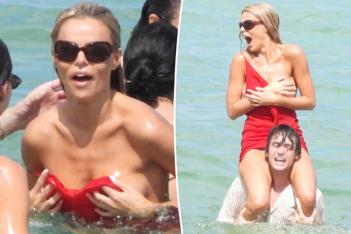 Brooks Nader suffers wardrobe malfunction at Miami Swim Week