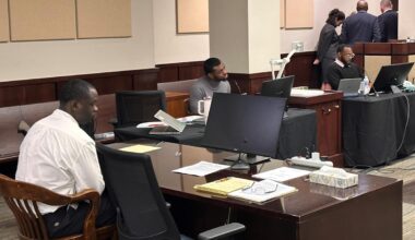 Three men charged in a violent 2023 crime spree in which two people were shot, including Tallahassee Police Department Officer Caleb Babb, sat in a Leon County courtroom Friday, May 1, 2026, during jury instructions. Pictured are John'Darious Wright, Tyrell Guinnie and Rahyim Sanders.
