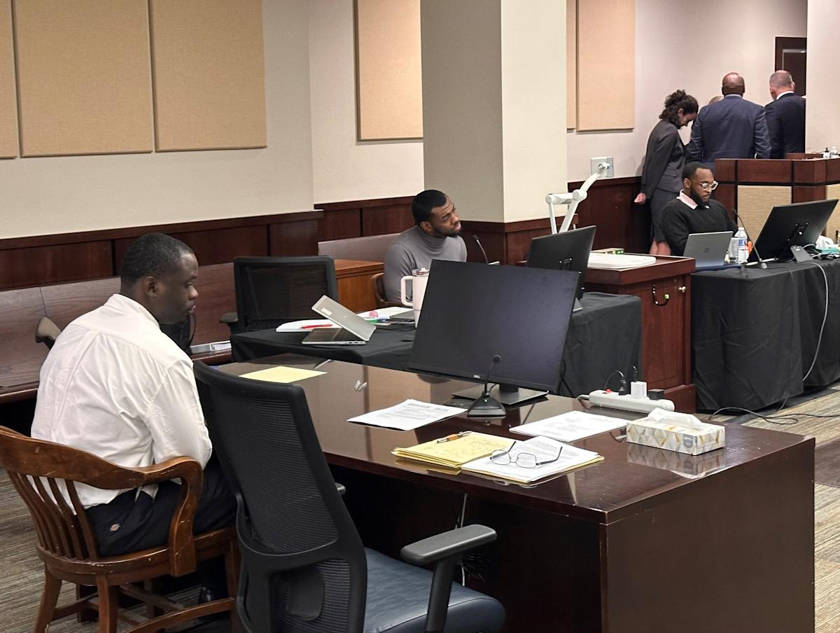 Three men charged in a violent 2023 crime spree in which two people were shot, including Tallahassee Police Department Officer Caleb Babb, sat in a Leon County courtroom Friday, May 1, 2026, during jury instructions. Pictured are John'Darious Wright, Tyrell Guinnie and Rahyim Sanders.