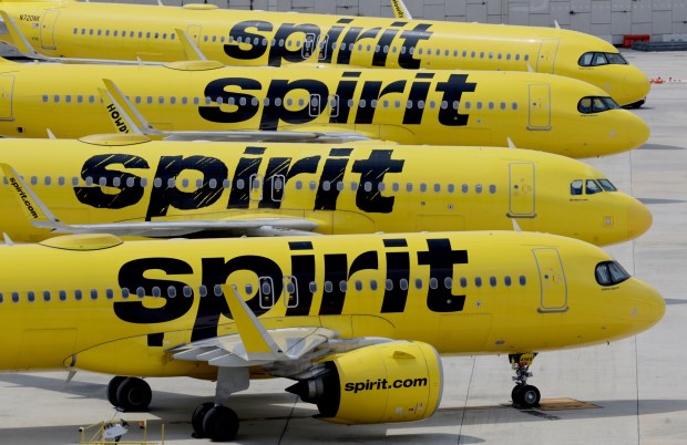 Spirit Airlines planes are grounded at Fort Lauderdale-Hollywood International Airport after flights were cancelled on Saturday, May 2, 2026. (Mike Stocker/South Florida Sun Sentinel)