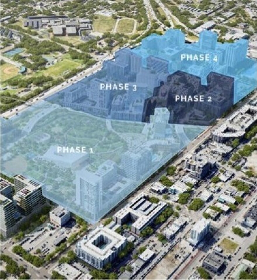 A screenshot of a rendering by Foundation Vision Partners depicts a phased rollout and cost sheet for the redevelopment of the Historic Gas Plant District.