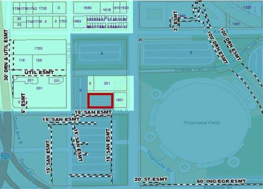 A red box outlines the 0.56 acres of city-owned land abutting the 86-acre redevelopment site where the Pinellas County Housing Authority wants to build affordable senior housing. 