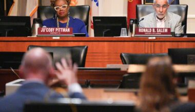 City of Jacksonville Councilwoman Ju’Coby Pittman, left, and Councilman Ronald Salem, right, listened as former JEA chief of staff Kurt Wilson testified during a Special Investigatory Committee on JEA Matters Monday, March 23, 2026 at Jacksonville City Hall in Jacksonville, Fla. Wilson spoke about his experience working at the top level of JEA's executive leadership and concerns he has heard about a "toxic work culture" under CEO Vickie Cavey. [Doug Engle/Florida Times-Union]