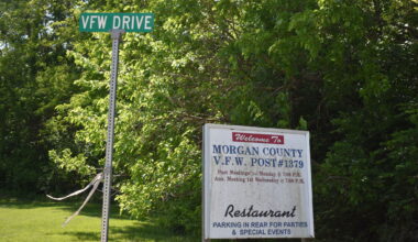 The sign for the VFW sits on VFW Drive, south of Morton Avenue. The empty building has been sold to Harmony Masonic Lodge No. 3.