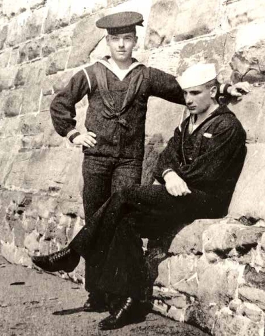 Seamen Norman Walpole, left, and Alexander Saldarini of the Coast Guard cutter Tampa post at Gibraltar, circa 1917-1918. They were childhood friends from Weehauken, New Jersey, who died together when Tampa was sunk in 1918.