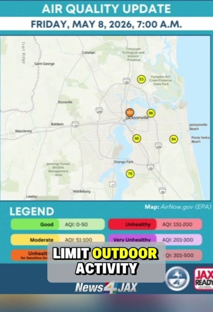 Jacksonville faces unhealthy air quality from wildfire more than 100 miles west